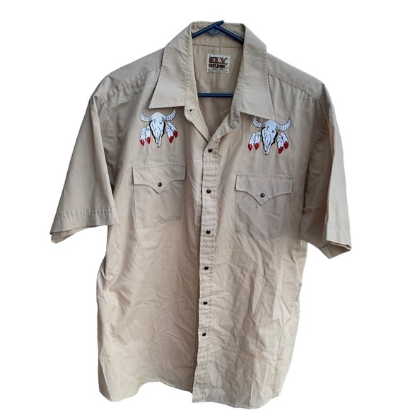 Vintage Ely Embroidered Steer Skull Western Cowboy Black Snap Button Shirt - Picture 1 of 5